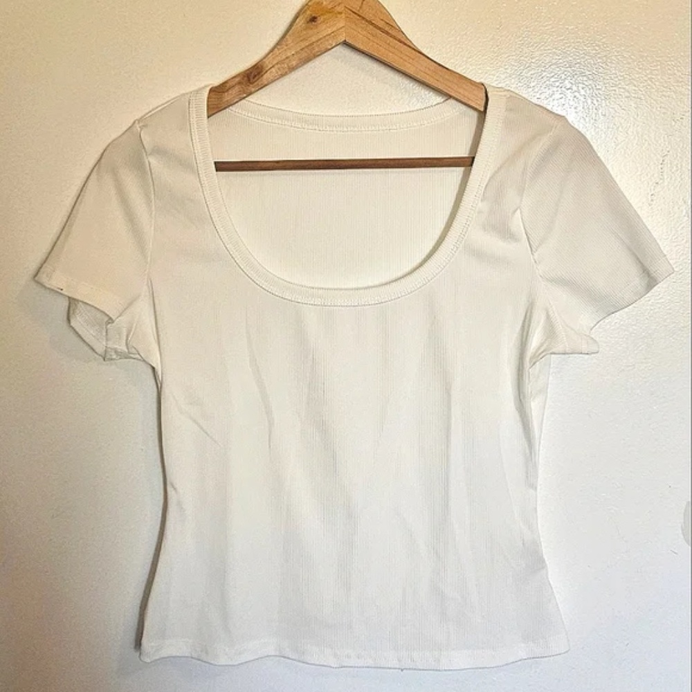 White Ribbed Scoop Neck top